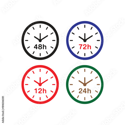 Four clocks showing different time durations: 48h, 72h, 12h, and 24h. Modern clock vector design.