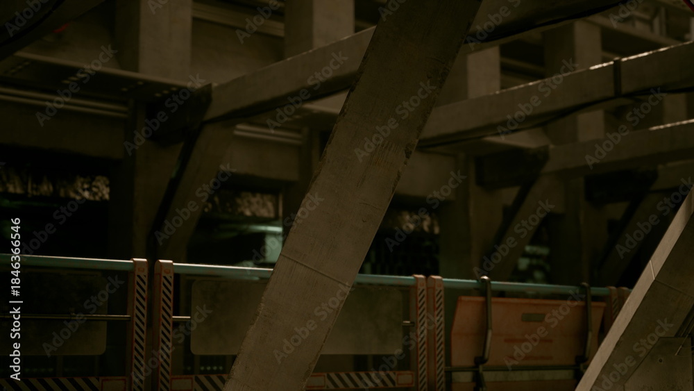 Fototapeta premium A group of explorers wanders through a vast, dimly lit underground facility. The concrete beams and intricate structures highlight a unique blend of industrial design and functionality.