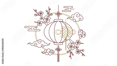 Line art of a traditional asian lantern surrounded by cherry blossoms and clouds