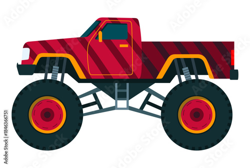 Monster truck. Bright colorful cartoon auto with big wheels. Heavy car with large tires and black tinted windows. Isolated rally 4x4 computer or mobile game