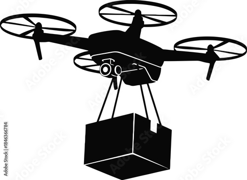 Silhouette of a quadcopter drone delivering a package via aerial transport