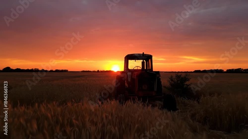 Silhouette of a tractor in a field at a vibrant sunset hour