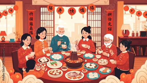 Family enjoying traditional chinese new year dinner with lanterns
