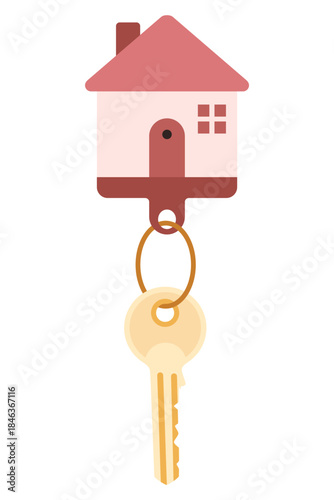 Door keys keyfob. Ring with trinket, keychains plastic tag hanging on keyring. House, apartment or room locking accessories. Cartoon flat vector isolated on white background