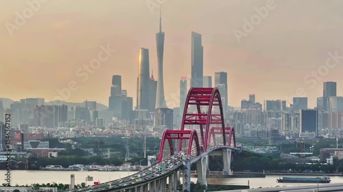 Red Bridge Connecting City Skyline at Twilight - Urban Landscape