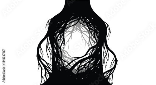 Dark, intricate root system forming an abstract, organic shape against a white background