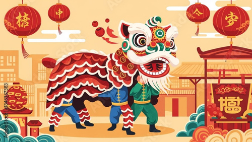 Colorful lion dance performance with vibrant costumes and lanterns in a traditional chinese setting with two performers