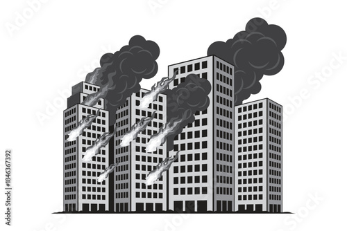 Vector illustration of city buildings on fire with thick smoke and flames. Urban disaster scene showing burning skyscrapers, destruction, emergency situation, and crisis concept in monochrome style.