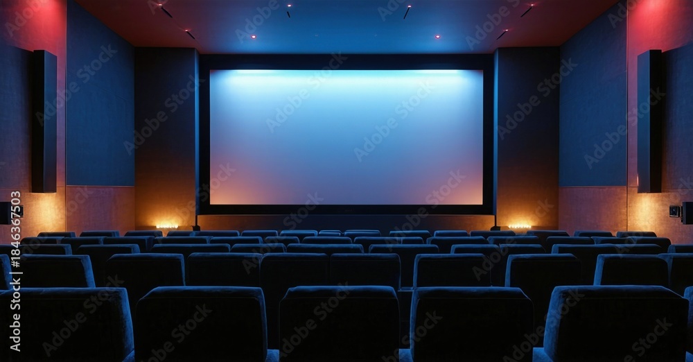 Obraz premium Empty cinema interior. Rows seats face large illuminated screen. Dim lighting creates dramatic atmosphere. Quiet, dark space.