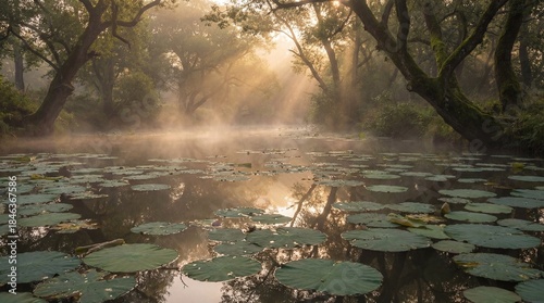A serene misty lake, its su...