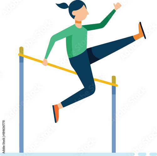 Woman hurdling over a barrier in a dynamic pose isolated on white background