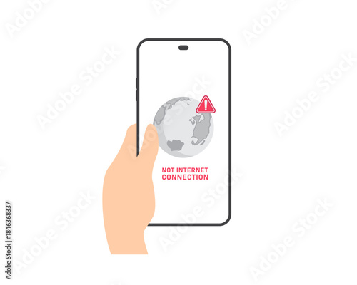 Hand holding a smartphone with a red triangle warning sign on a gray globe and 'No Internet Connection' text on screen against a white background.