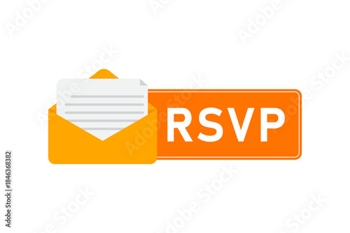 Graphic illustration of an orange envelope with a letter and an RSVP tag on a clean white background.