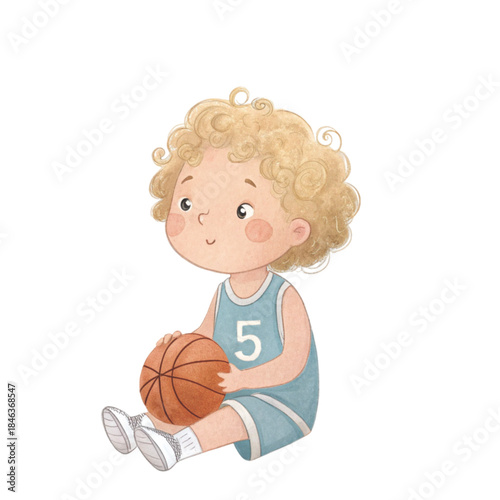 Cute watercolor illustration of a little boy with curly light brown hair, wearing a basketball jersey vector