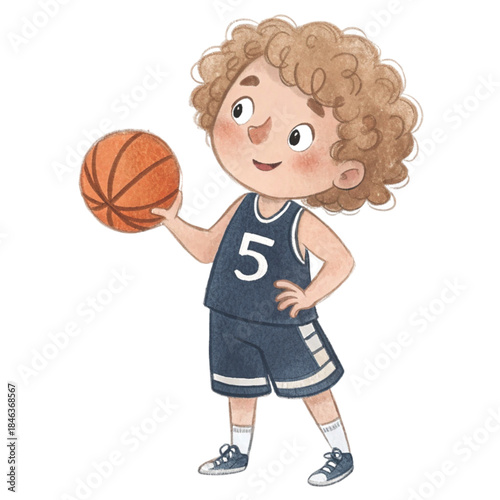 Cute watercolor illustration of a little boy with curly light brown hair, wearing a basketball jersey vector