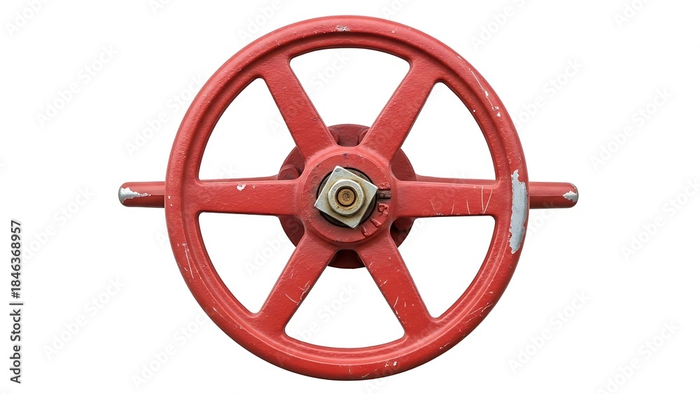 Obraz premium Red Industrial Valve Wheel with Metal Handle on White Background.
