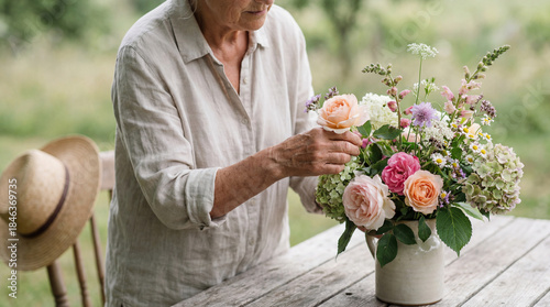 An older woman arranges a v...