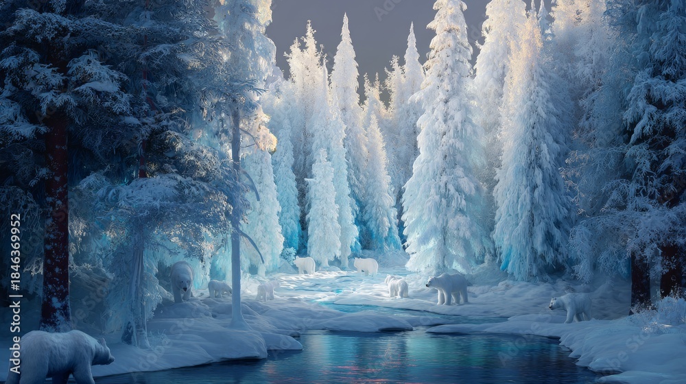 Fototapeta premium An enchanted forest of ice stretches into the horizon, where frosted trees sparkle like diamonds, and crystalline animals leave trails of sparkling snow. 