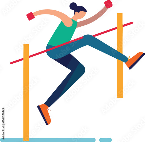 Woman hurdling over red barrier in athletic wear isolated on white background