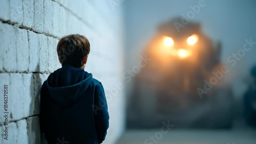 Child stands alone in dimly lit hallway. A boy faces a wall in a dark hallway, looking at a light that shines in the distance. He seems lost in thought.