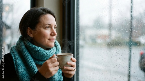 A woman looks out a window,...