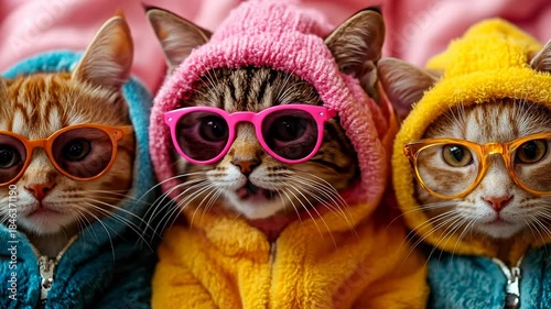 3 cats in hoodies and glasses. Three cats wear hoodies and glasses, sitting close together on a soft surface, enjoying each other's company.