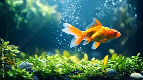 Goldfish swims in clear water. A goldfish moves through clear water surrounded by green plants and bubbles. Sunlight shines on the water surface.
