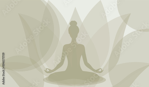 Earth Tone Meditation Vector Illustration with Yoga Silhouette, Grounding Mindfulness Background in Olive and Neutral Colors
