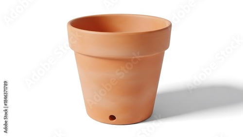 An empty, rustic terracotta plant pot with a drainage hole, isolated on a clean white background.
