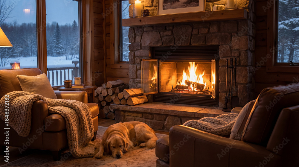 Fototapeta premium Cozy Cabin Interior with Fireplace and Golden Retriever basking in winter.