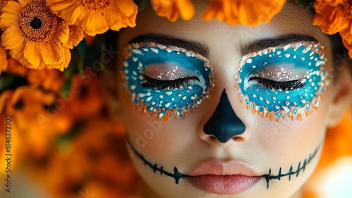 Floral headpiece event. A woman wears face paint and a flower crown at a cultural event celebrating life and death.