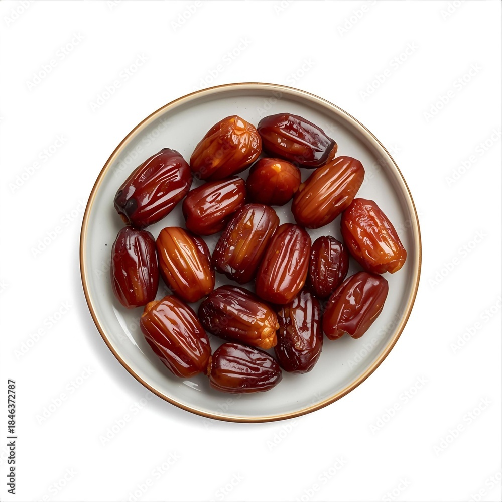 Obraz premium Top-down view of a small plate filled with shiny, succulent Medjool dates on a white background. Essential food for breaking fast (Iftar) during Ramadan.