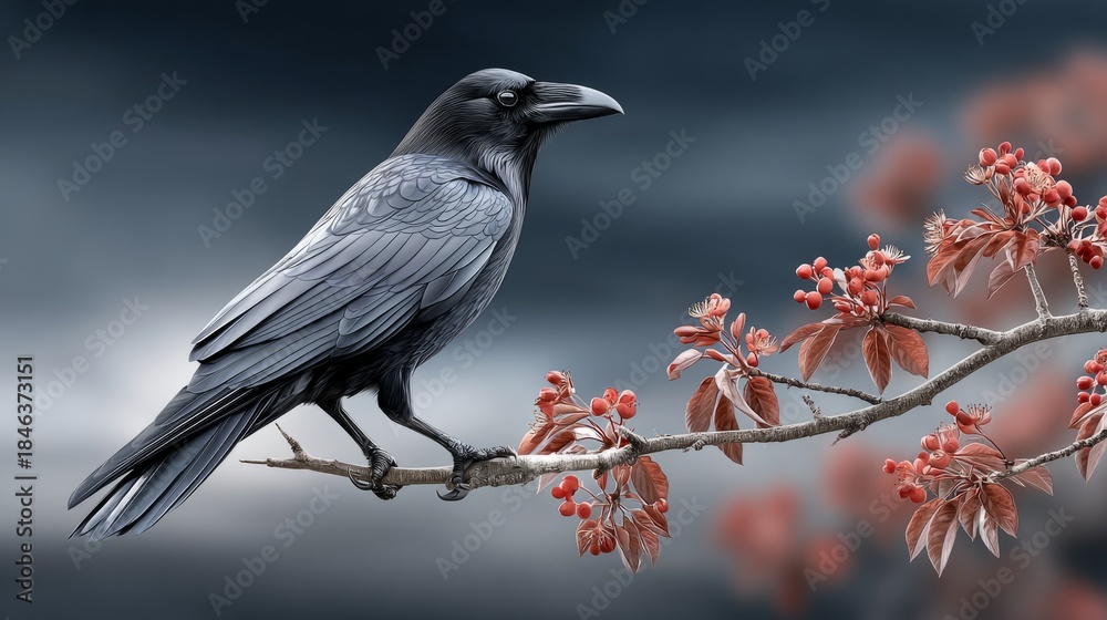 Naklejka premium A striking raven stands proudly on a branch, surrounded by bright red leaves, set against a dramatic cloudy backdrop