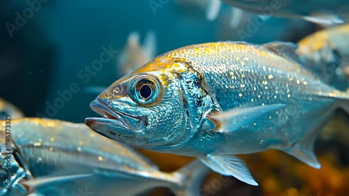Fish swim in clear aquarium. Several fish move gracefully through clear water in an aquarium, showcasing their steady motion and vibrant colors.