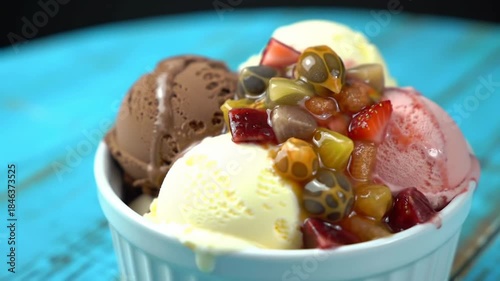 Sundae with Toppings Melting on Blue Surface, Good for Food Blog