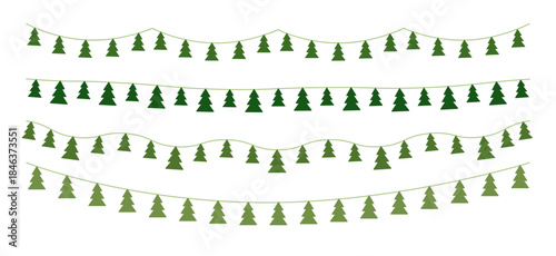 Festive Christmas ornament. Winter holiday garlands set with Xmas tree shapes hanging on strings. Spruce adornment, decoration banners. Seasonal flat vector illustrations isolated on white background