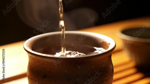 Tea being poured into ceramic cup; steaming; on a wooden tray; relaxing