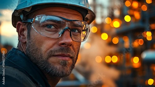 Worker in safety gear at industrial site. A man wears glasses and a helmet at a factory during evening. Bright lights shine in the background as he looks serious.
