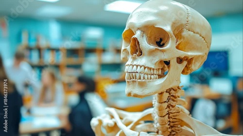 Classroom skeleton model. A skeleton model stands in a classroom while students engage in learning activities and discussions.