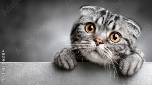A Scottish Fold with striking golden eyes curiously peers over a ledge, displaying its playful nature