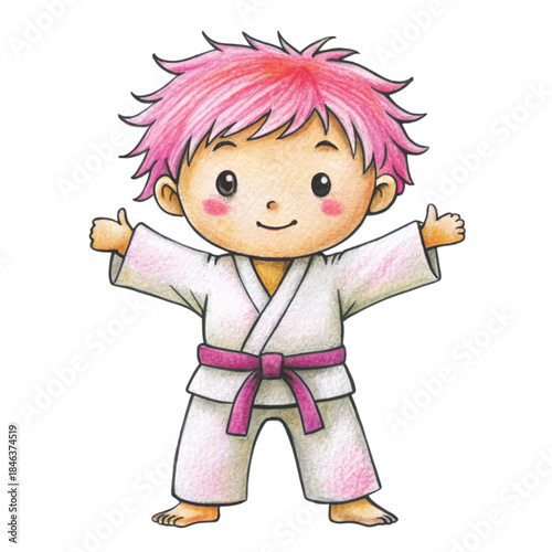 A messy toddler crayon drawing of a boy with blonde hair wearing a white karate gi and black belt vector
