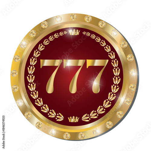 A chip for casinos and card games. The numbers 777 are on a round token in gold and decorated with diamonds with highlights and volume effect. There is a red chip on a transparent background.