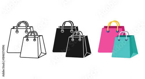 Shopping bags icon set - Line and glyph solid icon set - Solid icons vector collection - Blue icon set - Icon vector - Flat Design Icon