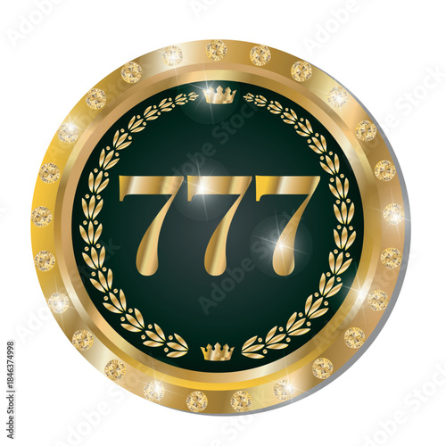 A chip for casinos and card games. The numbers 777 are on a round token in gold with green and decorated with diamonds with highlights and volume effect.