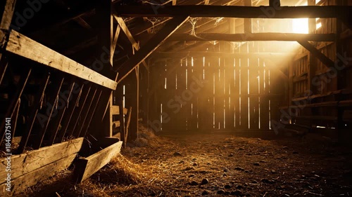 Interior view of an old barn with sunlight shining through cracks