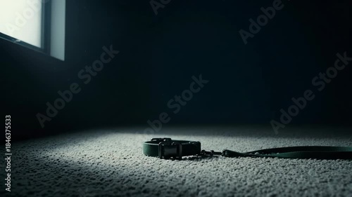 Lost collar on carpet in dark room with window light.