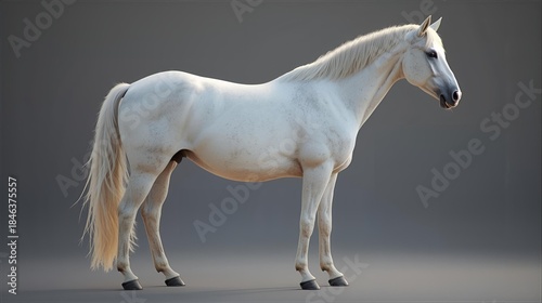 A white horse standing sideways, clear muscle definition, soft morning light, realistic textures.