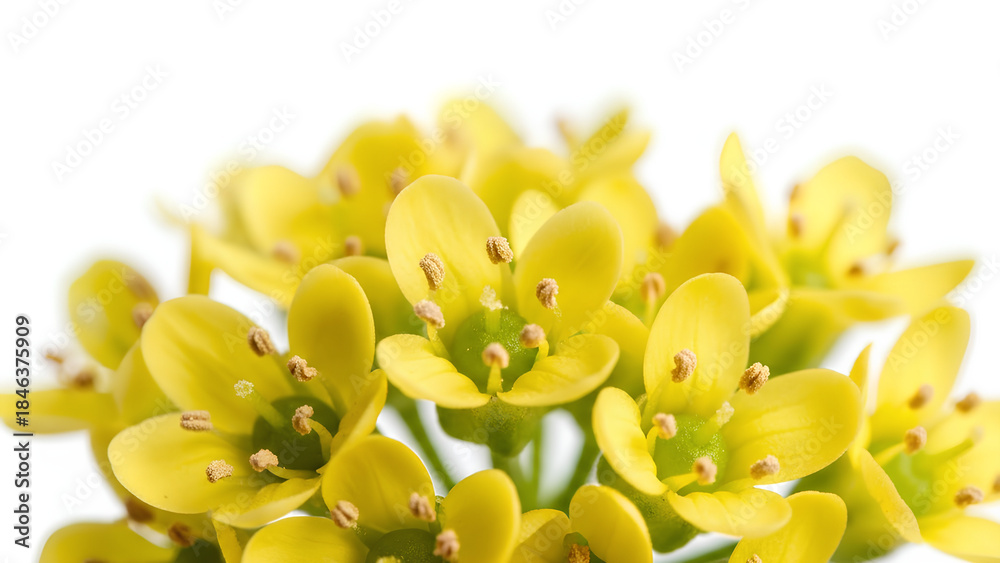 Fototapeta premium Close-up of vibrant small yellow flowers with green centers on a white background