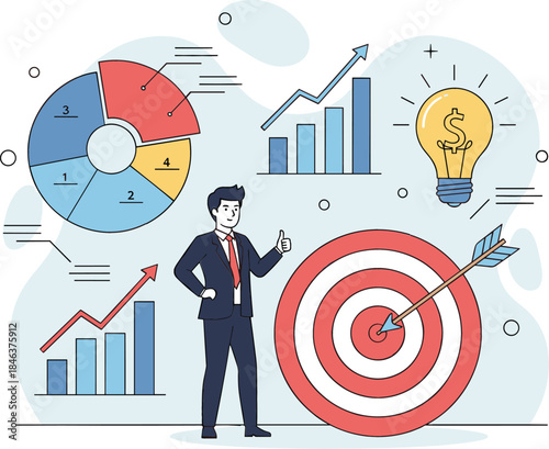 Successful Businessman Giving Thumbs Up Surrounded by Financial Charts, Target Goal, and Creative Idea Light Bulb Vector Illustratio