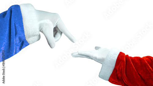 PNG image of Two gloved hands one blue and one red reach toward each other in a symbolic gesture against a for holiday concepts on transparent background